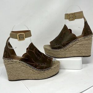 Chloé Sz 39/US 9 Brown Tooled Laser Cut  Platform Wedge Espadrille Sandals